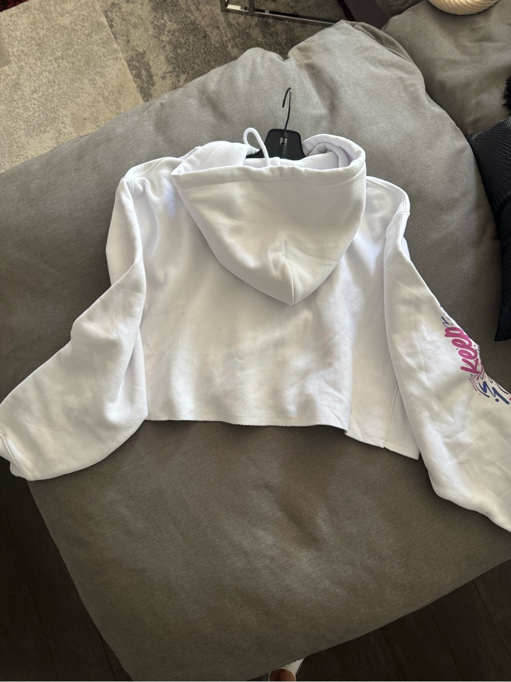 Champion White Cropped Hoodie with Pink & Blue Graphic on Sleeve